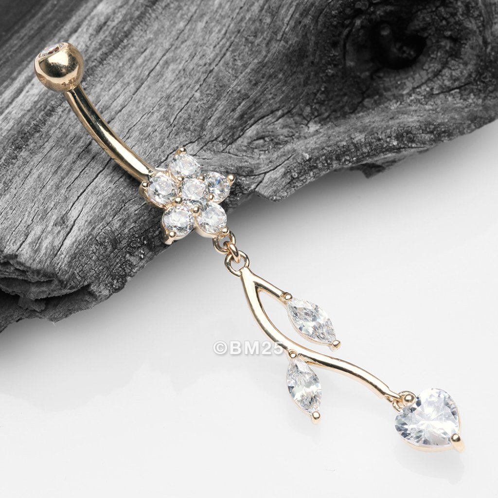 14 Karat Gold Spring Flower Vine Sparkle Dangle Belly Button Ring
